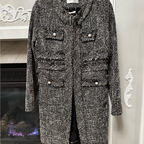 Momoco Jackets & Blazers - Momoco Black White Tweed Check Long Overcoat Fringe Pearl Buttons Size 38
